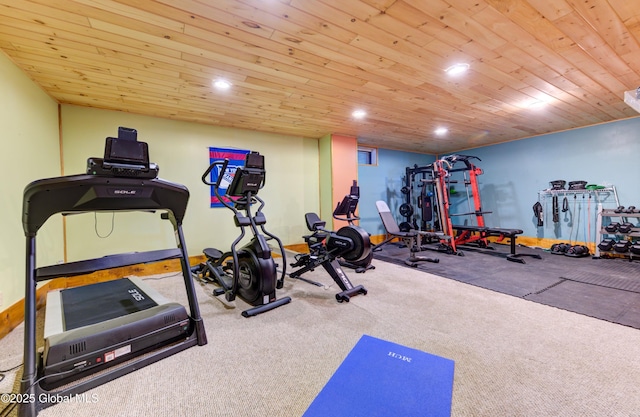 102 Taylor Ct, Mayfield, NY 12117 - exercise room featuring recessed lighting, carpet floors, and wood ceiling