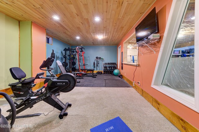 102 Taylor Ct, Mayfield, NY 12117 - exercise area featuring wooden ceiling, recessed lighting, and carpet flooring