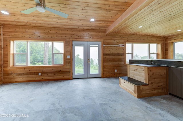 102 Taylor Ct, Mayfield, NY 12117 - kitchen featuring wood ceiling, recessed lighting, french doors, ceiling fan, and dark countertops