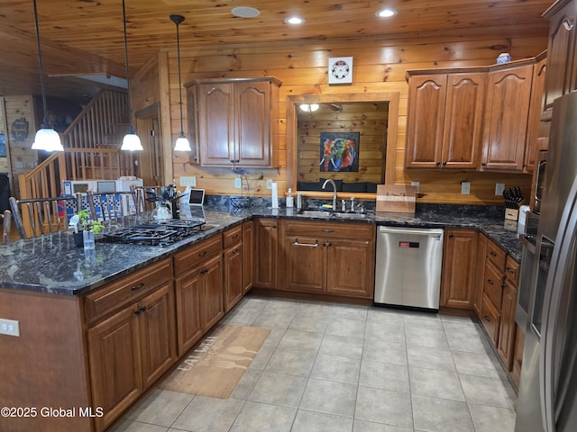 102 Taylor Ct, Mayfield, NY 12117 - kitchen with appliances with stainless steel finishes, wooden ceiling, light tile patterned flooring, a peninsula, and pendant lighting
