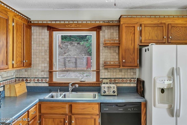 273 Pinehurst Ave, East Greenbush, NY 12144 - kitchen featuring white fridge with ice dispenser, black dishwasher, decorative backsplash, brown cabinetry, and ornamental molding