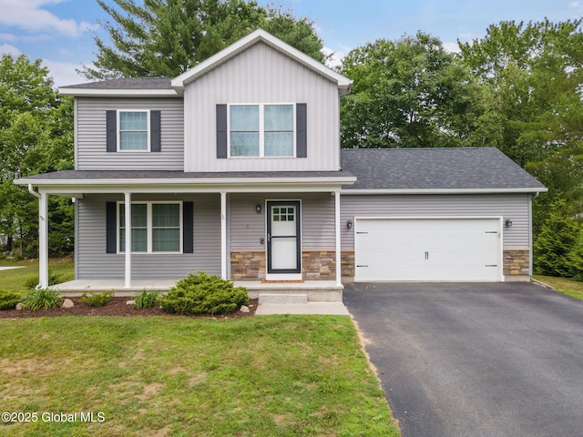 5 Heather Ln, Corinth, NY 12822 - view of front of property with driveway, a porch, a garage, and a front lawn