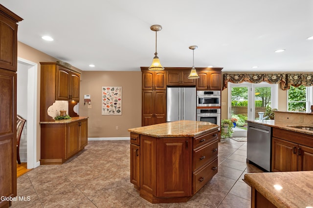 658 Salvia Ln, Guilderland, NY 12303 - kitchen with appliances with stainless steel finishes, light stone counters, pendant lighting, recessed lighting, and tasteful backsplash