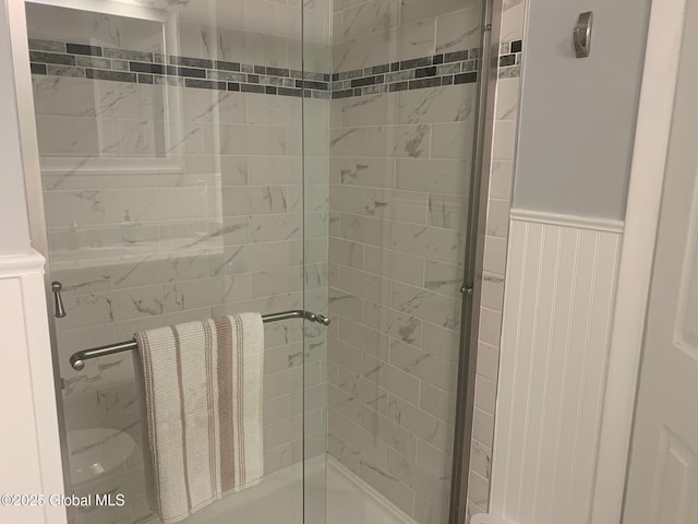 12 Heritage Ln, Clifton Park, NY 12065 - bathroom with a shower with door and wainscoting