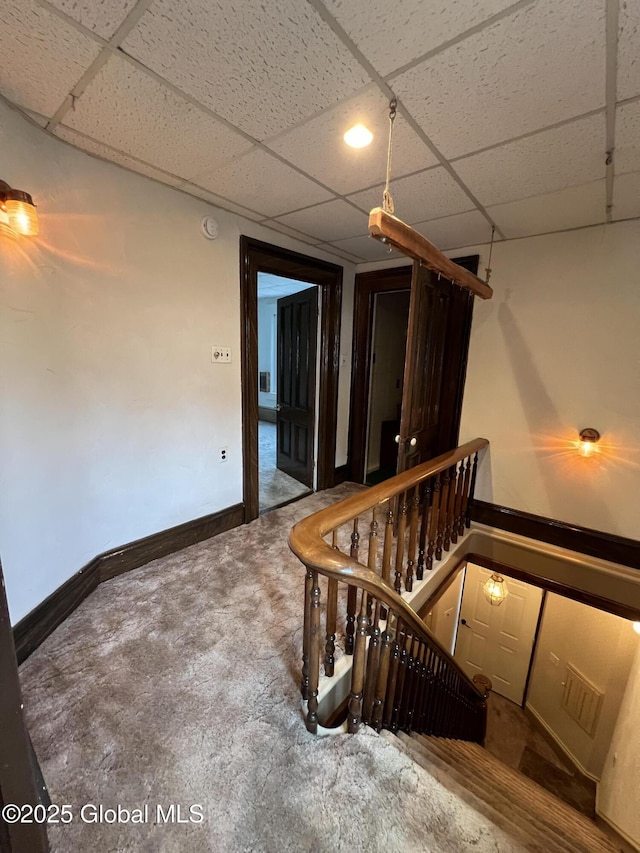 59 W St, Whitehall Village, NY 12887 - stairway with a paneled ceiling and carpet flooring