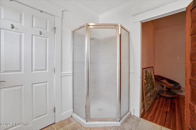 1280 Dean St, Niskayuna, NY 12309 - bathroom with a shower stall and crown molding