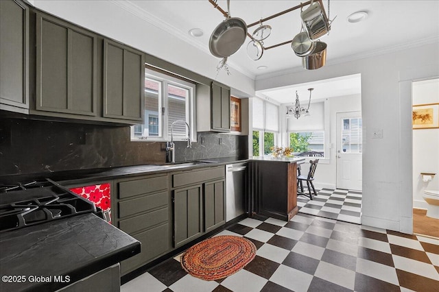 1280 Dean St, Niskayuna, NY 12309 - kitchen featuring stainless steel dishwasher, dark flooring, healthy amount of natural light, a chandelier, and crown molding