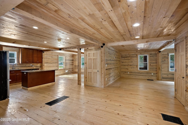 28 Gates Ave, Victory, NY 12871 - kitchen featuring wood ceiling, open floor plan, wood walls, light wood-style flooring, and recessed lighting