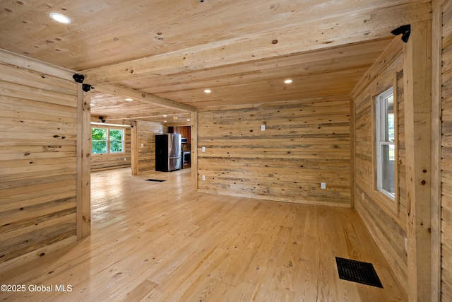 28 Gates Ave, Victory, NY 12871 - unfurnished room with wooden ceiling, wood walls, light wood-type flooring, and recessed lighting