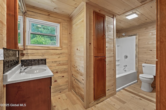 28 Gates Ave, Victory, NY 12871 - full bathroom featuring wooden ceiling, wood walls, vanity, wood finished floors, and shower / bathtub combination