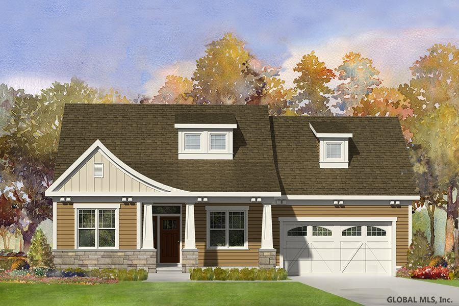 9 Admirals Way, Malta, NY 12020 - view of front of house with a lawn, stone siding, a shingled roof, concrete driveway, and board and batten siding