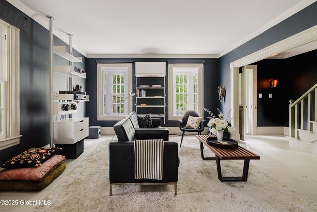88 Mac Brown Rd, Claverack, NY 12513 - living area featuring stairway, crown molding, and wood finished floors