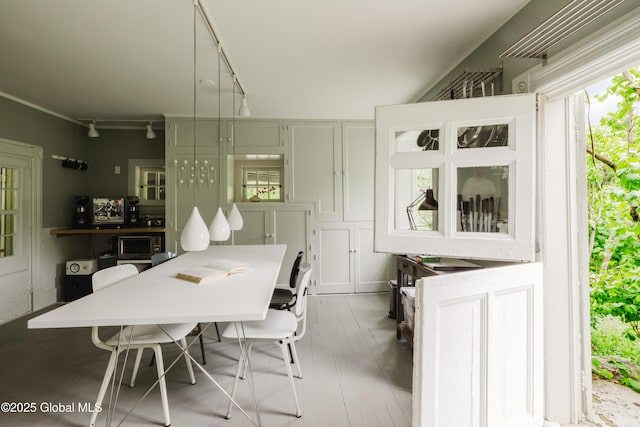 88 Mac Brown Rd, Claverack, NY 12513 - dining area with wood finished floors and rail lighting