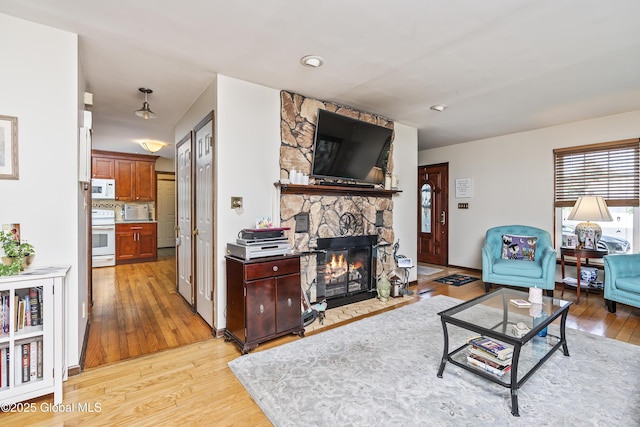 2 Eddy Ln, East Greenbush, NY 12144 - living area with light wood-style flooring and a stone fireplace