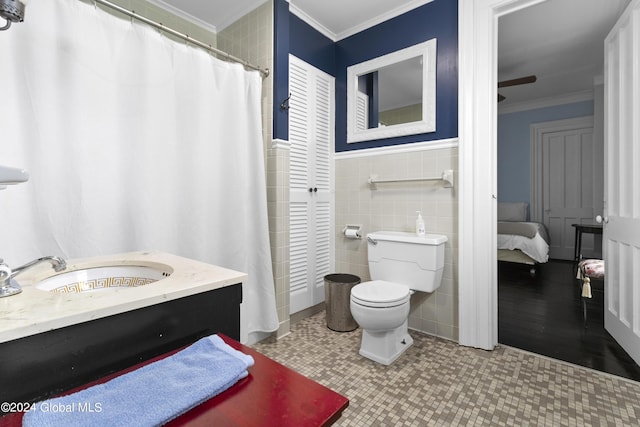 359 Wall St, Northumberland, NY 12871 - full bath featuring ornamental molding, tile walls, vanity, curtained shower, and a wainscoted wall