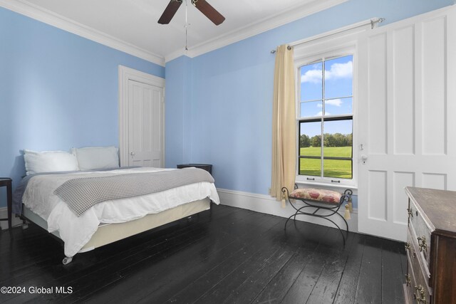 359 Wall St, Northumberland, NY 12871 - bedroom with dark wood-style floors, crown molding, and ceiling fan