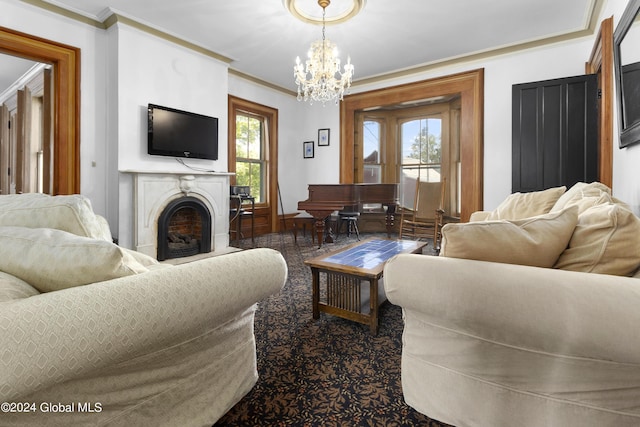 359 Wall St, Northumberland, NY 12871 - living area featuring a chandelier, crown molding, and a fireplace