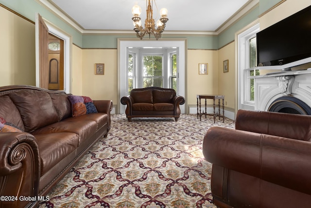 359 Wall St, Northumberland, NY 12871 - living room featuring a chandelier, carpet, and ornamental molding