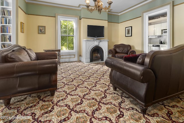 359 Wall St, Northumberland, NY 12871 - living room with ornamental molding, a chandelier, carpet flooring, and a fireplace