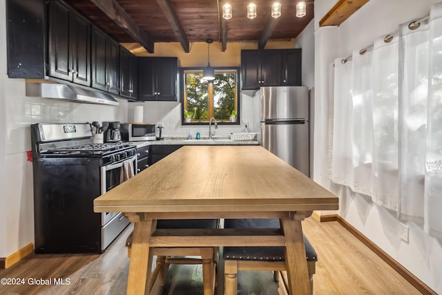 359 Wall St, Northumberland, NY 12871 - kitchen featuring stainless steel appliances, under cabinet range hood, light wood-style flooring, a wooden ceiling with exposed beams, and tasteful backsplash