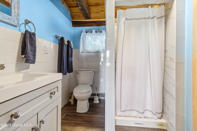 359 Wall St, Northumberland, NY 12871 - full bath with wood finished floors, tile walls, vanity, a wooden ceiling with exposed beams, and a shower with shower curtain