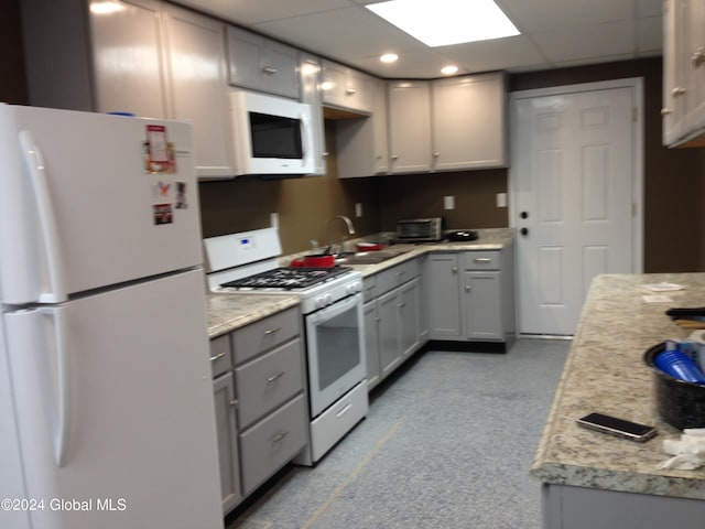 336 State Route 29, Greenwich, NY 12834 - kitchen featuring white appliances, gray cabinets, light countertops, a drop ceiling, and recessed lighting