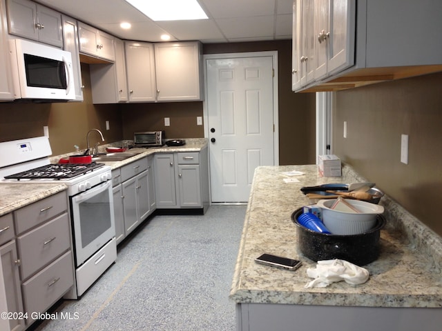 336 State Route 29, Greenwich, NY 12834 - kitchen with white appliances, gray cabinetry, light countertops, recessed lighting, and a drop ceiling