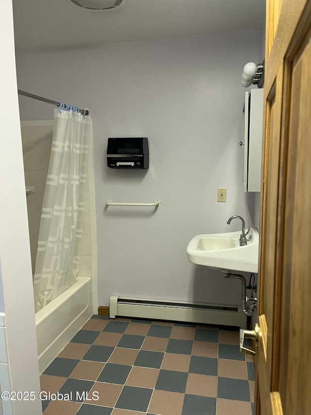 336 State Route 29, Greenwich, NY 12834 - bathroom featuring baseboard heating, tile patterned floors, and shower / tub combo with curtain