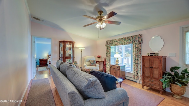 88 County Route 26a, Stuyvesant, NY 12173 - living room with plenty of natural light, baseboard heating, lofted ceiling, ceiling fan, and light wood-type flooring