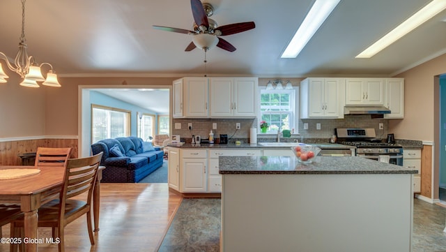 88 County Route 26a, Stuyvesant, NY 12173 - kitchen with under cabinet range hood, stainless steel gas range oven, plenty of natural light, a ceiling fan, and ornamental molding