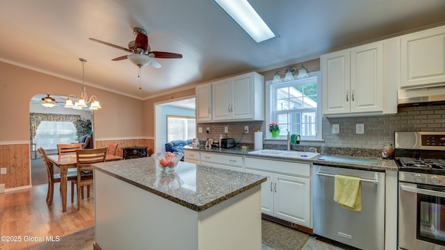 88 County Route 26a, Stuyvesant, NY 12173 - kitchen featuring appliances with stainless steel finishes, plenty of natural light, wainscoting, ceiling fan, and a kitchen island