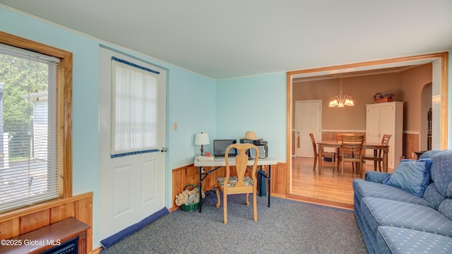 88 County Route 26a, Stuyvesant, NY 12173 - office featuring a chandelier, carpet floors, a wainscoted wall, and crown molding