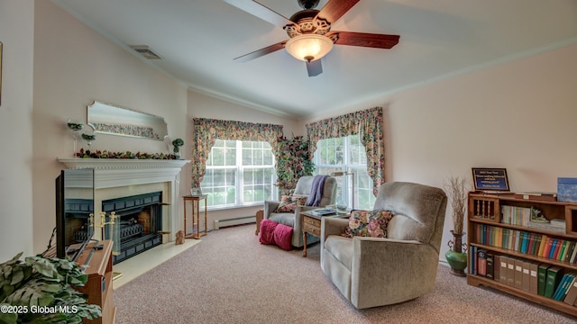 88 County Route 26a, Stuyvesant, NY 12173 - sitting room with carpet flooring, ornamental molding, a ceiling fan, lofted ceiling, and a fireplace with flush hearth