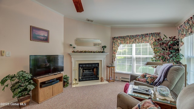 88 County Route 26a, Stuyvesant, NY 12173 - living room featuring a baseboard radiator, ornamental molding, carpet floors, and a fireplace with flush hearth