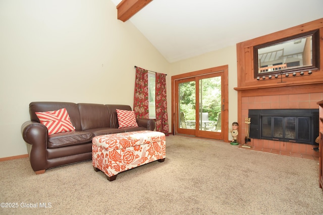 1B Scotch Mist Way, Malta, NY 12020 - carpeted living area with beamed ceiling, a tiled fireplace, and high vaulted ceiling
