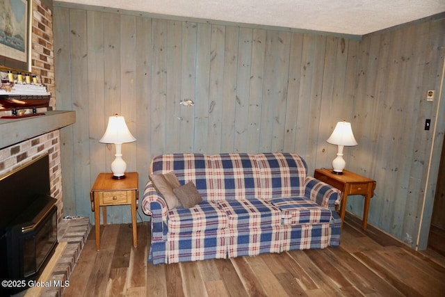 469 Military Rd, Edinburg, NY 12134 - living area featuring wood finished floors, wood walls, and a fireplace