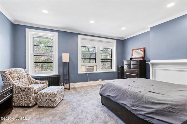 218 Lancaster St, Albany, NY 12210 - carpeted bedroom featuring radiator, ornamental molding, recessed lighting, and cooling unit