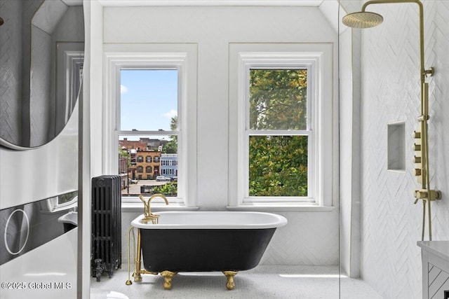 218 Lancaster St, Albany, NY 12210 - bathroom featuring a freestanding tub, a shower, and radiator