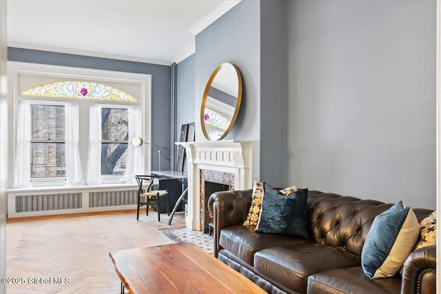 218 Lancaster St, Albany, NY 12210 - living room featuring crown molding, radiator heating unit, and a fireplace