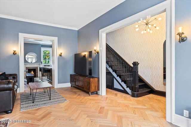 218 Lancaster St, Albany, NY 12210 - living area with a warm lit fireplace, stairway, a chandelier, and ornamental molding