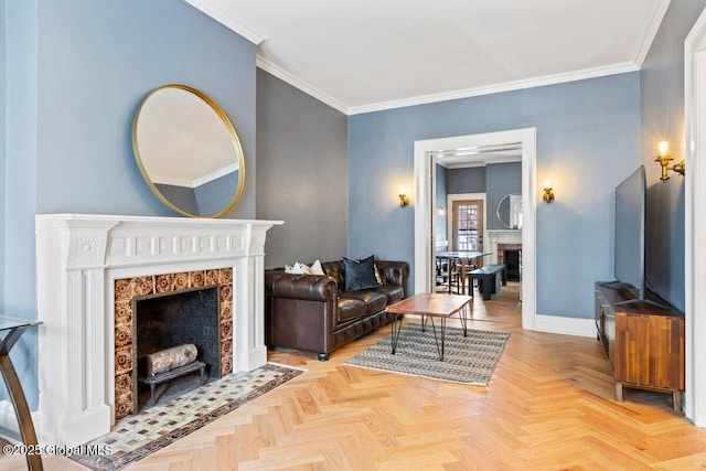218 Lancaster St, Albany, NY 12210 - living room with a fireplace with flush hearth and crown molding
