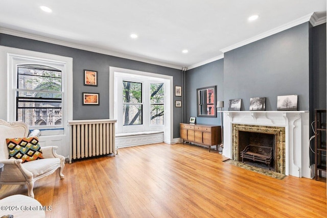 218 Lancaster St, Albany, NY 12210 - living room with radiator, a fireplace, wood finished floors, recessed lighting, and ornamental molding