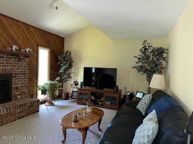 12 Bain Dr, Bethlehem, NY 12054 - living room with wood walls, carpet flooring, and a fireplace
