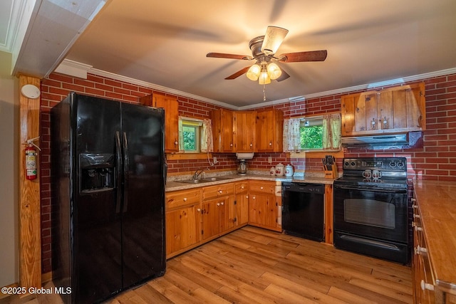 64 Coon Ln, Salem, NY 12865 - kitchen with black appliances, range hood, crown molding, ceiling fan, and light wood finished floors