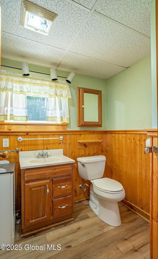 64 Coon Ln, Salem, NY 12865 - half bathroom with vanity, a wainscoted wall, wood finished floors, and a paneled ceiling