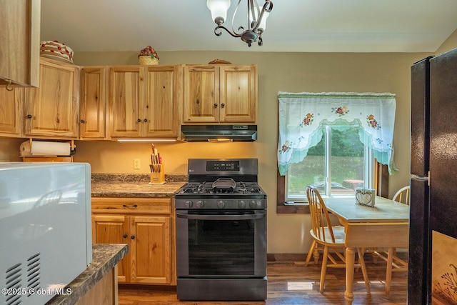 64 Coon Ln, Salem, NY 12865 - kitchen with gas range oven, exhaust hood, wood finished floors, freestanding refrigerator, and light brown cabinets