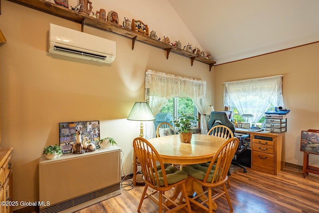 64 Coon Ln, Salem, NY 12865 - dining space featuring an AC wall unit, wood finished floors, and high vaulted ceiling