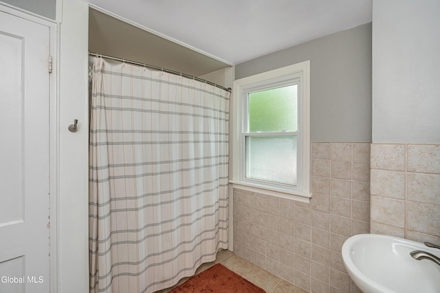 30 Crannell Ave, Bethlehem, NY 12054 - full bathroom with tile walls, tile patterned flooring, curtained shower, and wainscoting
