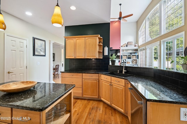 18 Beresford Rd, Clifton Park, NY 12019 - kitchen featuring open shelves, dishwasher, ceiling fan, light wood finished floors, and a towering ceiling