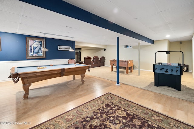 18 Beresford Rd, Clifton Park, NY 12019 - rec room featuring a drop ceiling, wood finished floors, billiards table, and a wainscoted wall